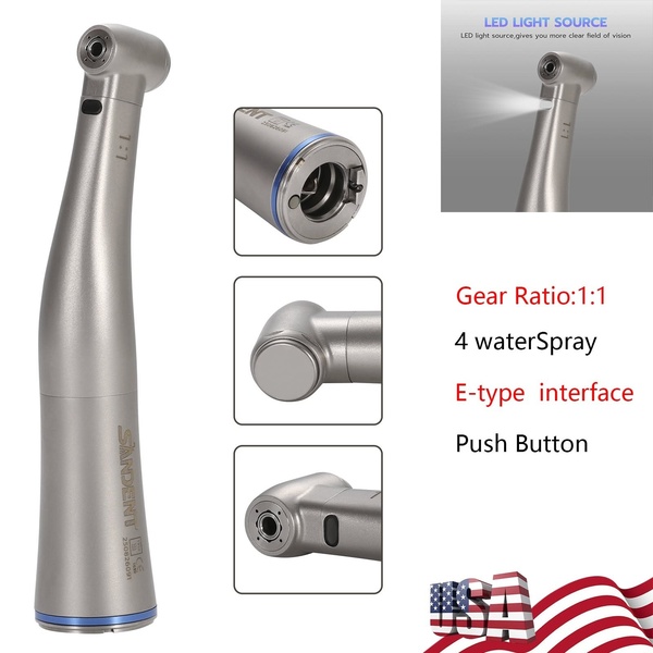 A clean, technical product showcase of a dental handpiece, using a 1:1 image grid to highlight key components like the LED light and interface.